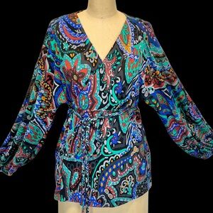 Silk psychedelic paisley floral wrap top long balloon sleeve bold statement Tibi